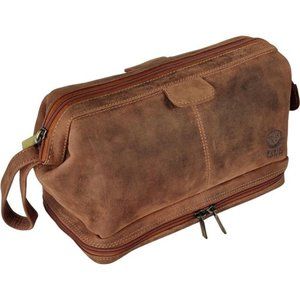Genuine Leather Travel Cosmetic Bag - Hygiene Organizer Dopp Kit (Brown)